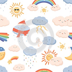 Seamless weather pattern with cute smiling faces of sun, rainbow, moon, snowing and raining clouds. Funny kids