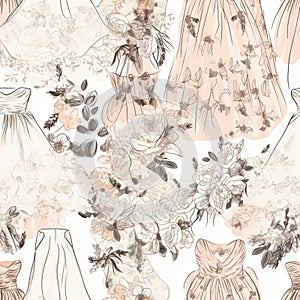 Seamless wedding pattern with bride and groom, wedding dresses, suits. Generative AI
