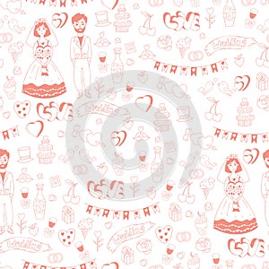 Seamless wedding pattern. Couple of newlyweds, bride and groom, hearts, cake, garland and gifts on white background