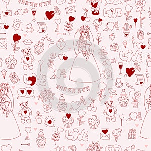 Seamless wedding pattern. Cute bride in wedding dress with bouquet, toy teddy bear, cake and an arrow in heart on white