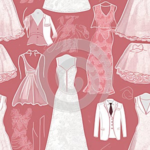 Seamless wedding pattern on pink background with bride and groom, wedding dresses, suits. Generative AI