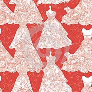 Seamless wedding pattern on red background with bride and groom, wedding dresses, suits. Generative AI