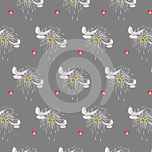 Seamless wedding-themed pattern with the image of white soaring doves and wedding rings