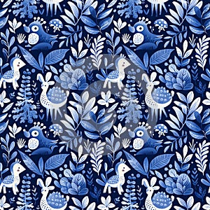 Seamless Whimsical Forest Pattern - Deep Blue & White Design with Tropical Plants, Animals, & Foliage for Home & Apparel photo