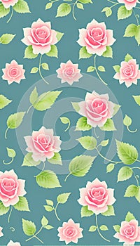 Seamless whimsical watercolor roses pattern, AI-Generated