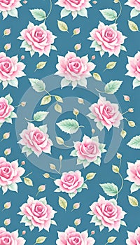 Seamless whimsical watercolor roses pattern, AI-Generated