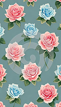 Seamless whimsical watercolor roses pattern, AI-Generated