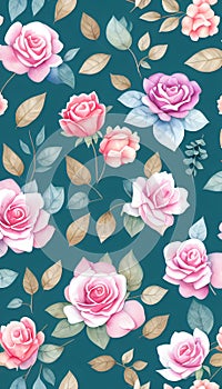 Seamless whimsical watercolor roses pattern, AI-Generated