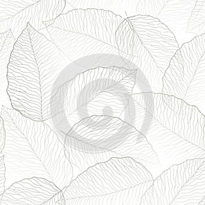 seamless white abstract floral background with grey leaves. Thin lines are drawn with a pencil