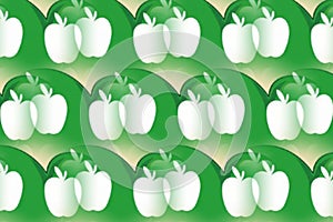 Seamless White Apple Pattern On Beautiful Green Background.