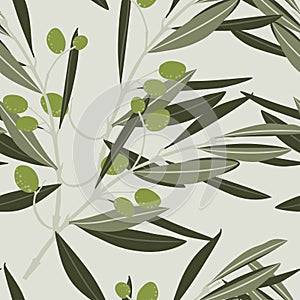 Seamless white background with olive branch with leaves. Ideal for printing on fabric or paper.