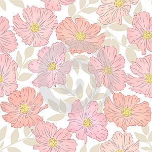 Seamless white background with pink flowers.