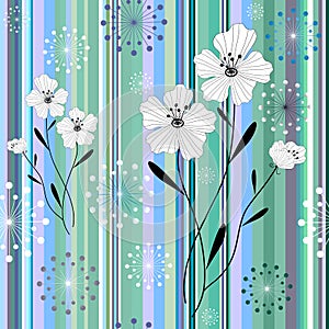 Seamless white-blue floral striped pattern