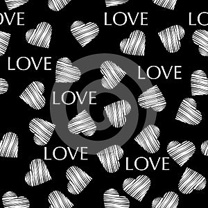 Seamless white hearts Valentines day black pattern