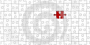Seamless white jigsaw puzzle background pattern with one unique red piece missing