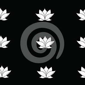 Seamless White Lotus flower spiritual pattern on a black background. Vector Repeat.