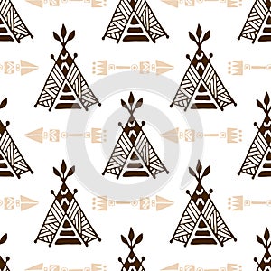 Seamless wigwam pattern with arrows. Hand-drawn indian background vector. Native american tent pattern.