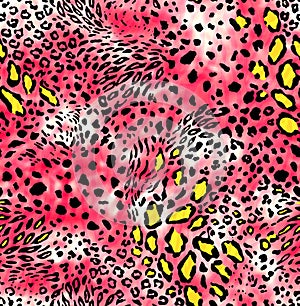 Seamless wild skin pattern. Mix of Tiger skin, jaguar skin. leopard print on light pink background.