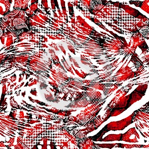 Seamless wild skin pattern. Mix of Tiger skin, jaguar skin. leopard print with red background.