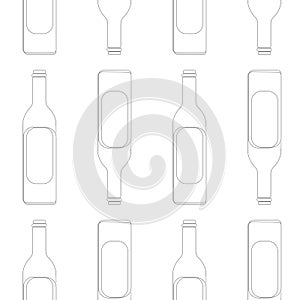 Seamless wine bottle pattern. Black linear bottles on white background. Design element for tasting, menu, wine list