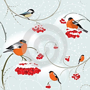 Seamless winter background with bullfinch