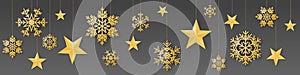 Seamless winter christmas vector with sumptuous hanging gold colored snowflakes and stars on gray background