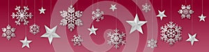 Seamless winter christmas vector with sumptuous hanging silver colored snowflakes and stars on red background