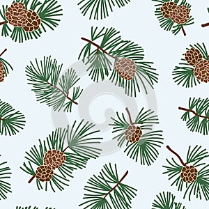 Seamless winter floral pattern with evergreen cone and coniferous plant branch. Christmas texture. Winter forest background