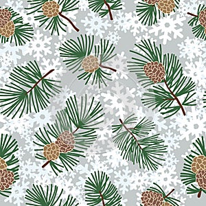 Seamless winter floral pattern with evergreen cone and snowflakes. Christmas texture. Snow forest background