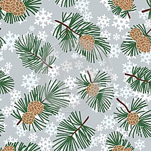 Seamless winter floral pattern with evergreen cone and snowflakes. Christmas texture. Snow forest background