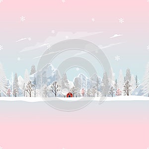 Seamless Winter landscape,Vector landscape  pattern field of trees with snow falling, Winter wonderland with pine tree and