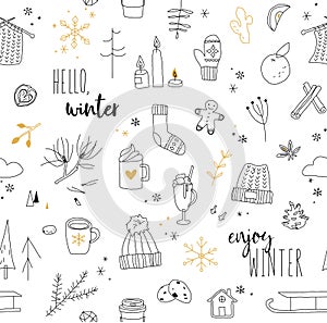 Seamless winter pattern background. Black white gold doodles.
