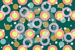 Seamless winter pattern background. Colorful balls, Christmas trees, snowflakes, circles illustration