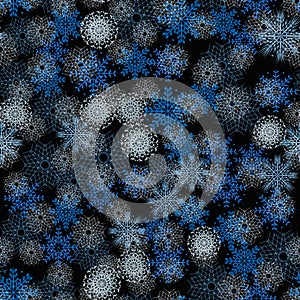 Seamless Winter Pattern Background with White and blue Snowflakes on Black Background. Can be used for textile, parer, scra