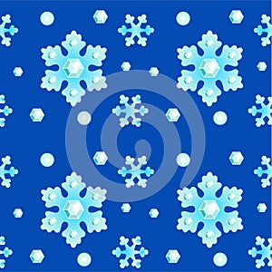 Seamless winter pattern - blue snowflakes and shiny rhinestones on a dark blue background. Vector winter background