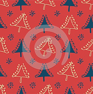 Seamless winter pattern with Christmas trees. Package texture with decorative spruces. Abstract holiday backdrop for crafts, print