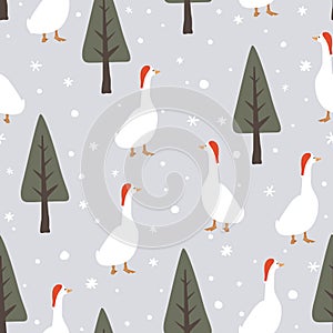 Seamless winter pattern with cute geese in Santa hats and doodle hand drawn pine trees. Merry Christmas vector