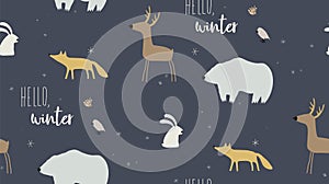 Seamless winter pattern with forest animals