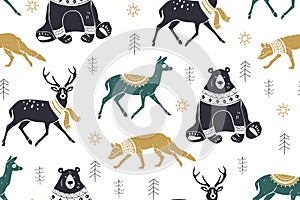 Seamless winter pattern with forest animals reindeer, fox, bear. Scandinavian style. Silhouettes of wild animals in