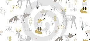 Seamless winter pattern with foxes and deers in the forest