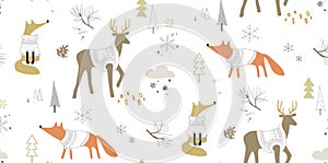 Seamless winter pattern with foxes and deers in the forest