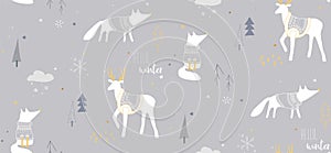 Seamless winter pattern with foxes and deers in the forest
