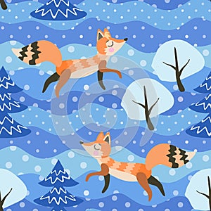 Seamless winter pattern with funny foxes in the forest. Print for fabric, wallpaper, wrapping design