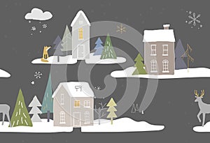 Seamless winter pattern with houses and animals in the forest