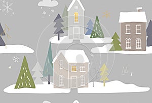 Seamless winter pattern with houses in the forest