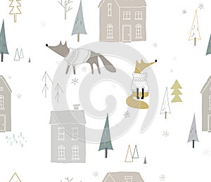 Seamless winter pattern with houses and foxes in the forest