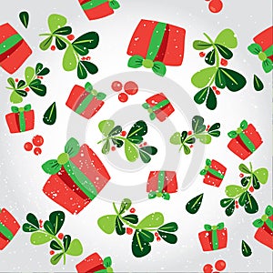 Seamless winter pattern with a red gift boxes and holli berries . Flat vector Christmas background with the presents. Tile modern