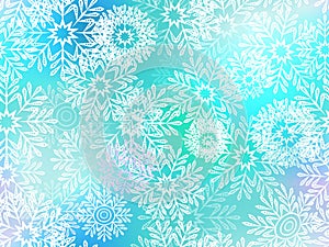 Seamless winter pattern with silhouettes of white snowflakes on a turquoise background