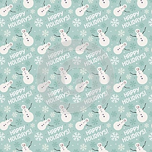 Seamless winter pattern with snowmen and snowflakes