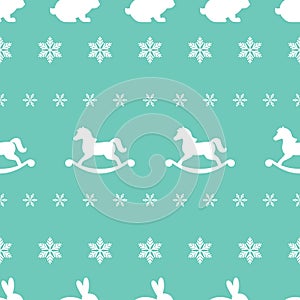 seamless winter pattern with white snowflakes, polar bears and toy horses.